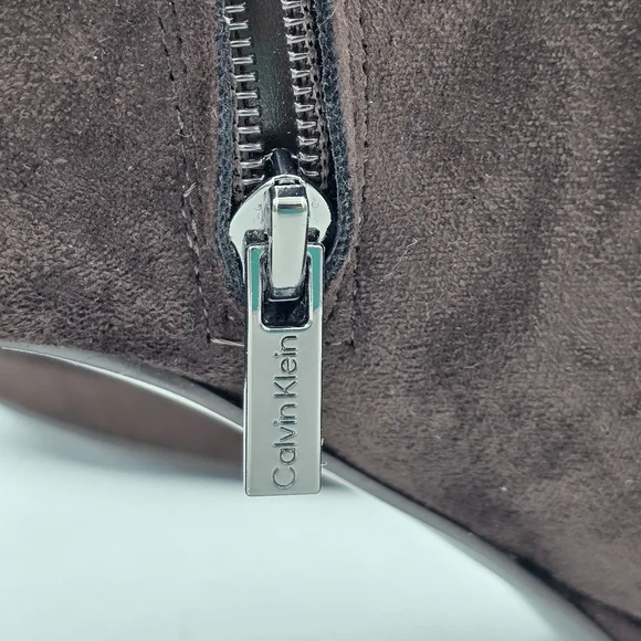 Calvin Klein Uda 2 Faux Suede Heeled Ankle Booties, Chocolate (Brown), Wmns 8.5M - Picture 6 of 16